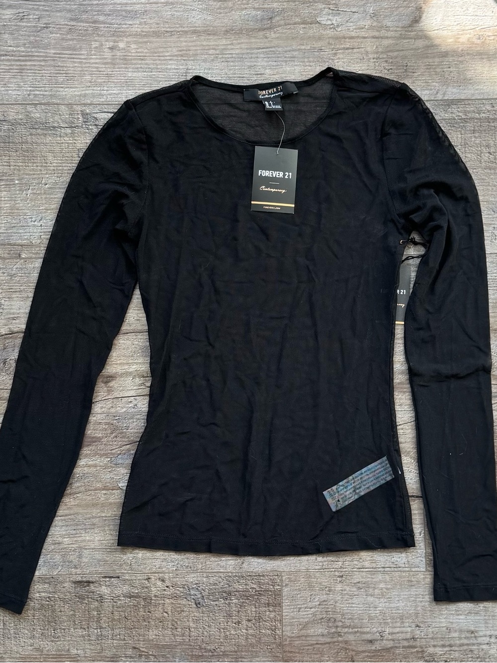 Forever 21 Black Mesh Long-Sleeve Crewneck Top